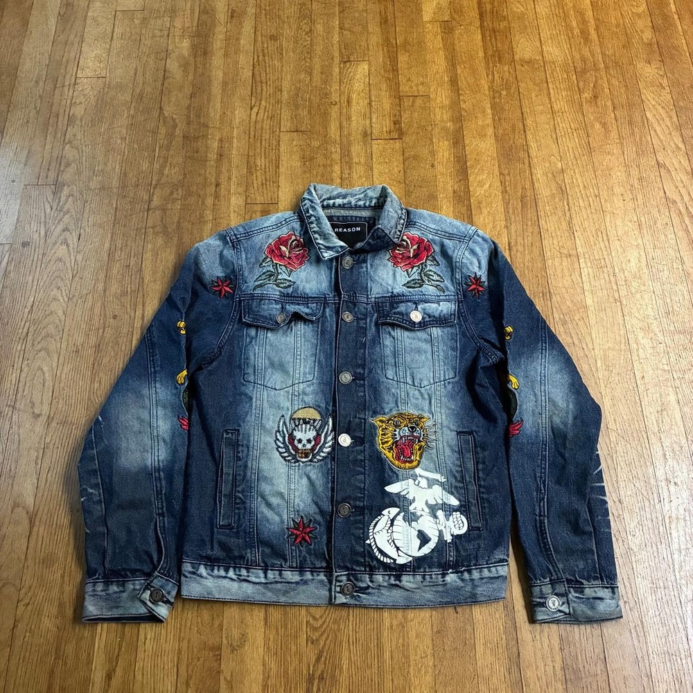 Reason Embroidered Denim Jacket Mens Small Blue Y2K Grunge Tattoo Trucker Jacket